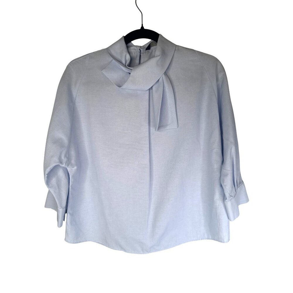 2/$30 Zara Basic Blue Blouse XS Long Sleeve Button Cuff Bow Tie Neck